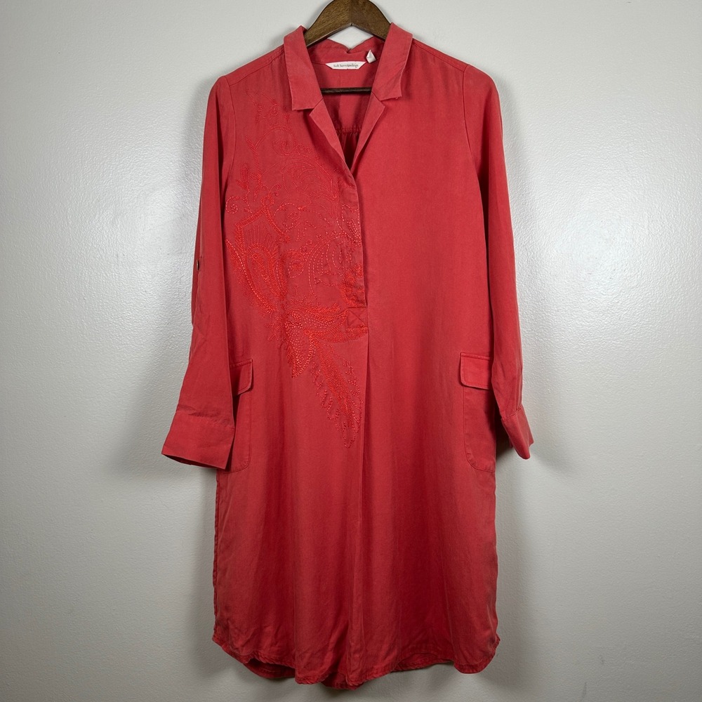 Soft Surroundings Women's S Shirt Dress Coral Red Embroidered Roll-Tab Sleeve